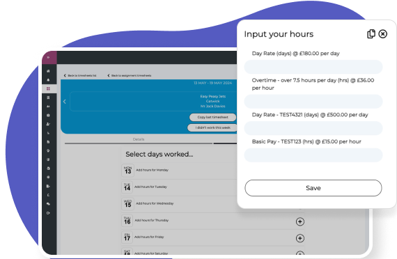 screenshot of DynamiQ timesheets