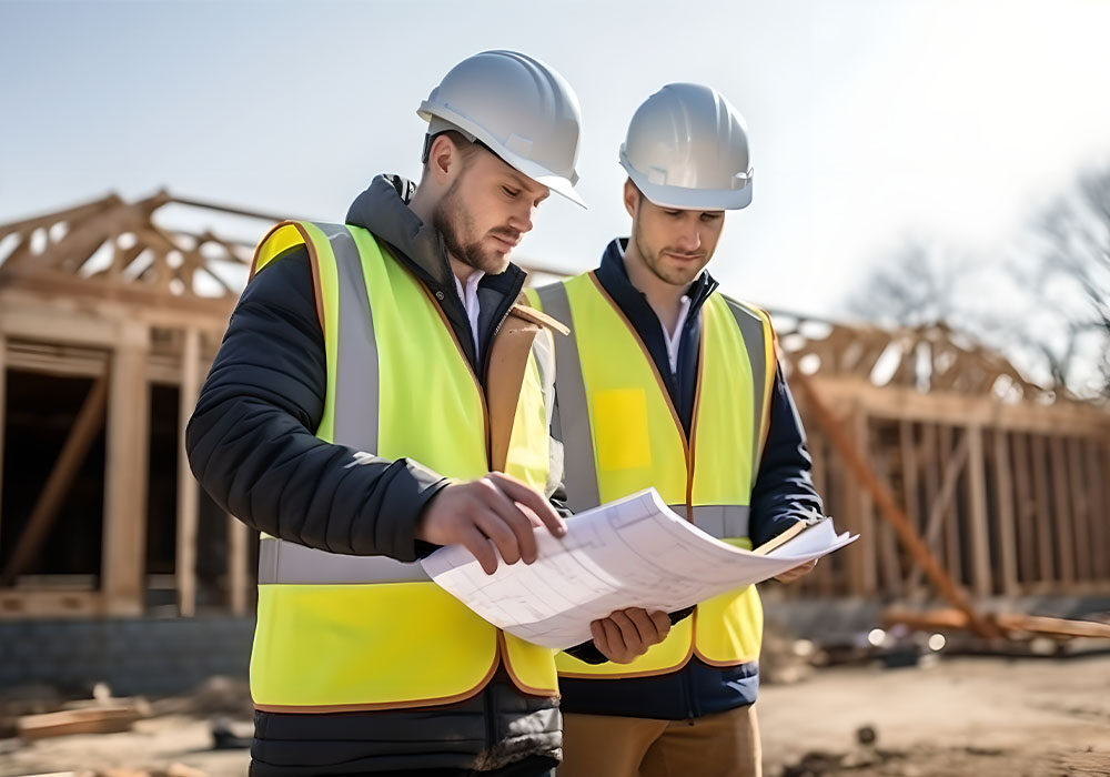 two men in construction site with hard hats and high vis