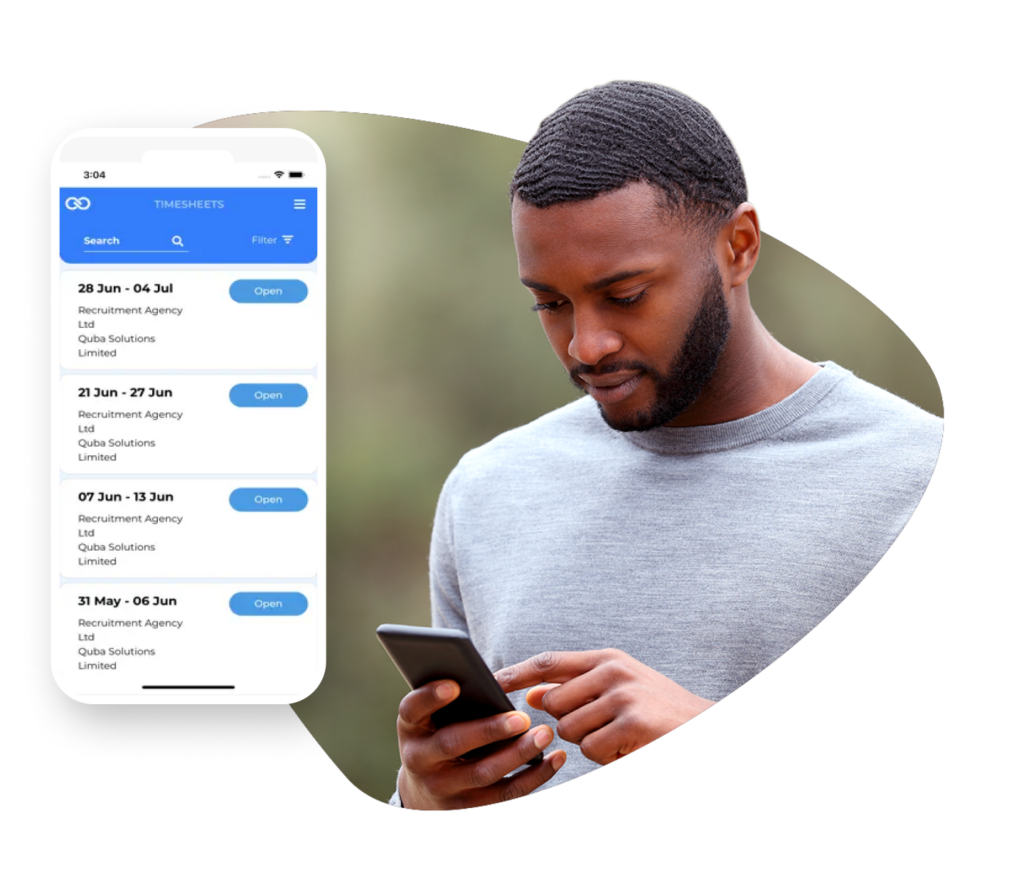 man looking at phone with screenshot of QUBA timesheets