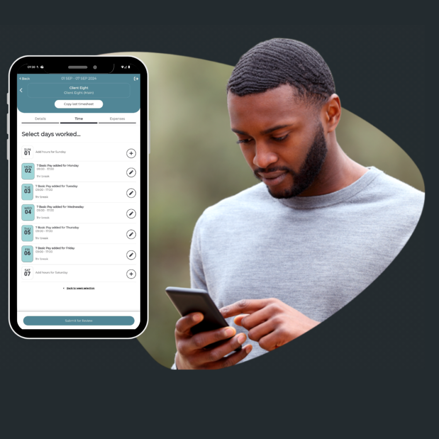 man looking at timesheet app on phone